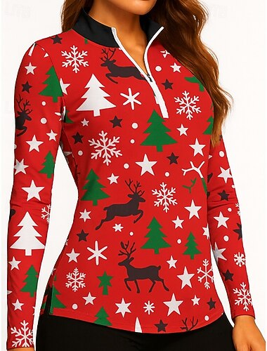 חג המולד בגדי ריקוד נשים עץ חג המולד חולצת טניס טופ ספורטיבי שרוול ארוך דפוס רבע מיקוד Pullover הגנת UV אלסטי נושם טניס גולף פיקלבול צווארון רוכסן חולצה Polo אדום בגדי טניס