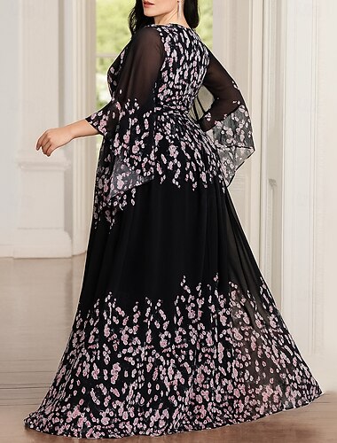  A-vonalú Földig érő Ünnepi ruha Estélyi ruha Hosszú ujj V-alakú Elegáns Szüret Buli Előírásos Sifon Poliészter Örömanya ruha val vel Virág