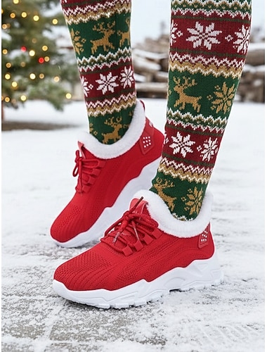  レディースの赤いフリース裏地付きスポーツスニーカー - 冬、クリスマス、旅行、カジュアルウェアに最適な暖かく通気性のあるランニングシューズ