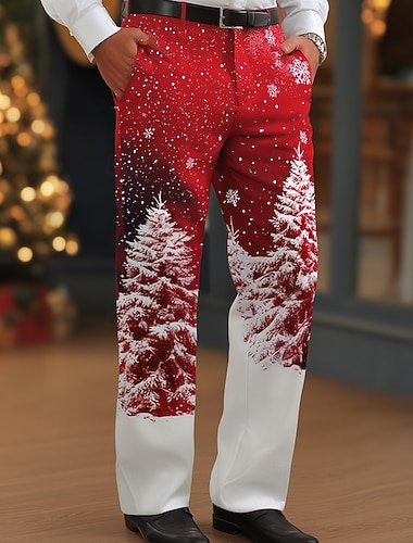  Noël Homme Arbre de Noël Motif de flocon de neige Pantalons Dress Pants works Pantalons de Costume Taille Moyenne Occasionnel Soirée Fête Pantalon habillé coupe décontractée à devant plat avec poches