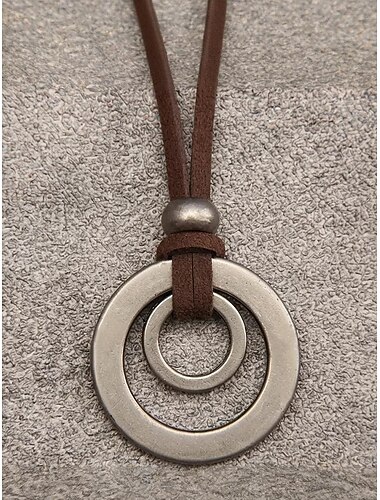  Men's Adjustable Leather Cord Necklace with Double Circle Pendant – Vintage Casual Jewelry for Everyday Wear and Outdoor Style