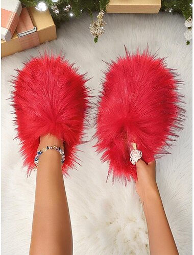  Γυναικείες κόκκινες γούνινες παντόφλες, βελούδινες γούνινες παντόφλες σπιτιού, άνετα υποδήματα για χαλάρωση στο σπίτι, Χριστούγεννα και χαλάρωση