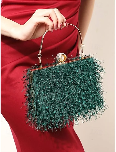  Håndveske til dame i julestil – elegant rød og grønn fjærkledde kveldsveske med gullhåndtak og perlelukking – julegave til kvinner – elegant festlig stil til julefeiringen
