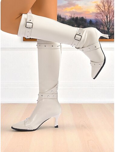  Bottes noires hautes pour femmes avec sangles à boucle cloutée et bout pointu, bottes à talons de mode punk gothique pour les soirées &soirées cosplay