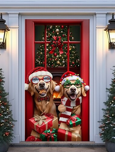 Rideau de porte de Noël avec de jolis chiens, de drôles de golden retrievers portant des chapeaux et des lunettes de Père Noël tenant des cadeaux, rideau de porte d'entrée de vacances pour la   Rideau de porte de Noël avec de jolis chiens, de drôles de golden retrievers portant des chapeaux et des lunettes de Père Noël tenant des cadeaux, rideau de porte d'entrée de vacances pour la