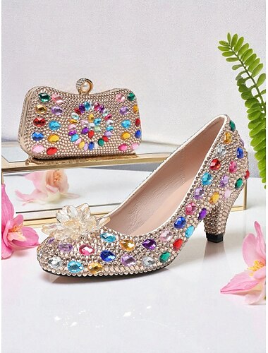  مجموعة أحذية بكعب وحقيبة كلاتش نسائية مرصعة بأحجار الراين مع زخارف كريستالية متعددة الألوان - حذاء أنيق وحقيبة متناسقة للمناسبات الرسمية وحفلات الكوكتيل
