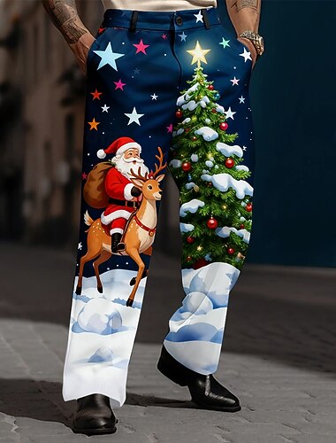  חג המולד בגדי ריקוד גברים סנטה קלאוס עץ חג המולד אייל מכנסיים חליפות מכנסיים חליפה מותן בינוני מצחיק בָּחוּץ חגים מכנסי שמלה שטוחים בגזרה נינוחה עם חזית וכיסים צדדיים סתיו חורף הדפסת תלת מימד