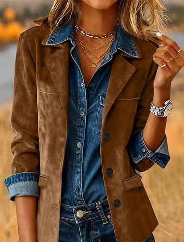 Γυναικεία Σακάκι Casual Jacket Σουέντ μπουφάν Διατηρείτε Ζεστό Άνετο Τσέπη Κουμπιά Καθημερινό Καρό Διακοπές Δρόμος Causal Καθημερινά Ρούχα Κανονικό Απορρίπτω Κανονικό Μακρυμάνικο Εξωτερικά ενδύματα