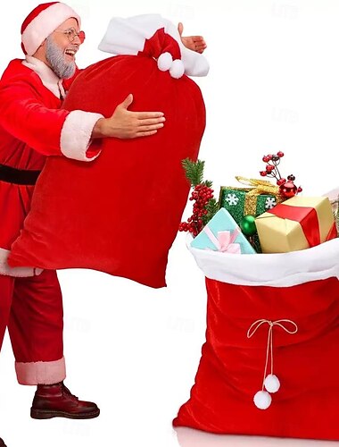  Ekstra stor julegavepose i rød fløyel med snøring, gjenbrukbart mykt polyesterstoff, perfekt til julepynt, festgaver, bryllup, bursdager