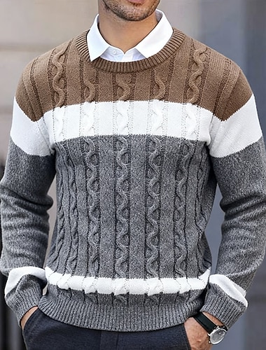  בגדי ריקוד גברים סוודר סוודר שמלה סוודר סוודר סוודר סרוג מצולע כבל לִסְרוֹג חולצות רגילות בלוק צבע סרוג מופשט צווארון עגול קצר מודרני מודרני עכשווי קזו'אל לבוש יומיומי ביגוד סתיו סתיו חורף בורדו לבן