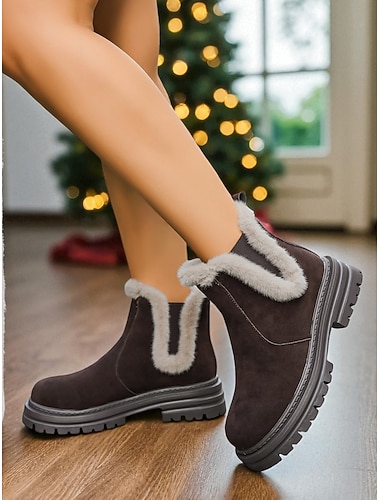  Kaffeebraune Chelsea-Stiefel mit Fell für Damen, rutschfeste Sohle für mehr Komfort – bequeme und modische Winterstiefel, ideal für den Alltag, kühles Wetter und Outdoor-Aktivitäten.