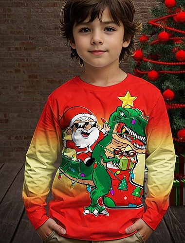  Noël Garçons 3D Père Noël Dinosaure T-shirt manche longue Printemps Automne Mode Basique Enfants 4-12 ans Col Rond Extérieur Occasionnel Quotidien Coupe régulière