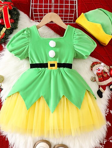  Enfants Fille Robe Noël Bloc de Couleur Manche Courte Performance Cadeaux de Noël Patchwork Maille Mode Mignon Polyester Mi-long Robe trapèze Robe en Tulle Printemps Automne 4 ans et + Vert