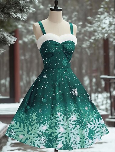  Julekvinne Snøfnugg Kne-lengde Kjole A-linje Kjole Elegant Vintage Søt Hjem Fest Nyttår Vanlig Passform Uten Ermer Kjærlighet Rød Blå Lilla Grønn Vår Høst Vinter