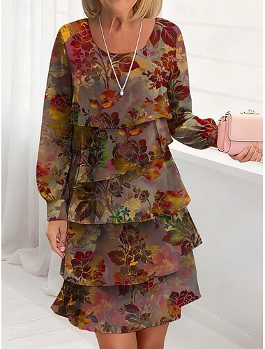  Γυναικεία Μίντι φόρεμα Φόρεμα σε γραμμή Α Καθημερινό Καθημερινά Κανονικό Φλοράλ Γραφική Μακρυμάνικο Στρογγυλή Ψηλή Λαιμόκοψη Ρουμπίνι Θαλασσί Βυσσινί Πράσινο του τριφυλλιού Φθινόπωρο Χειμώνας
