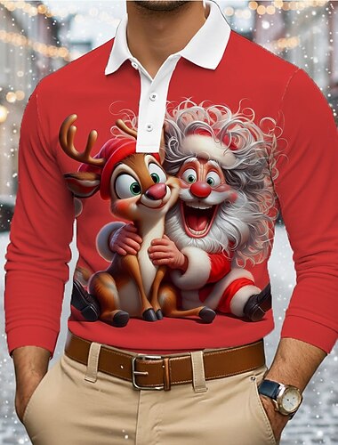  عيد الميلاد المجيد رجالي بابا نويل بولو ستايل كم طويل قمصان البولو Lapel كاجوال الأماكن المفتوحة مناسب للعطلات مناسب للبس اليومي طباعة ثلاثية الأبعاد Buttons الربيع الخريف الشتاء أبيض أحمر
