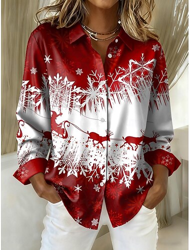  Vánoce Dámské Košile Grafika Sněhová vločka Vinobraní stylové Moderní Dlouhý rukáv Košilový límec Běžné topy Práce Denní Dovolená Bílá Šampaňská Rubínově červená Podzim Zima