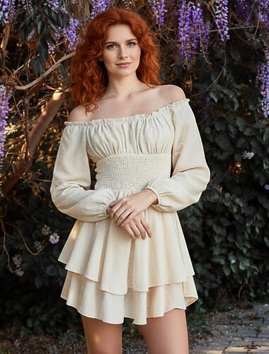  Ретро Средневековый Эпоха возрождения Мини Платья Расклешенное платье Рукава буффы Эльфийский С открытыми плечами Вдохновленный эпохой Регентства Сплошной цвет Маскарадный костюм Жен. фантазия