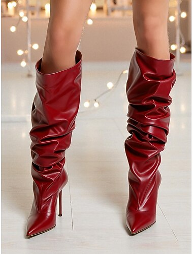  Rode lakleren slouch knielaarzen voor dames, puntige neus, stilettohak, sexy feest &nachtclubmode schoenen voor winteroutfits