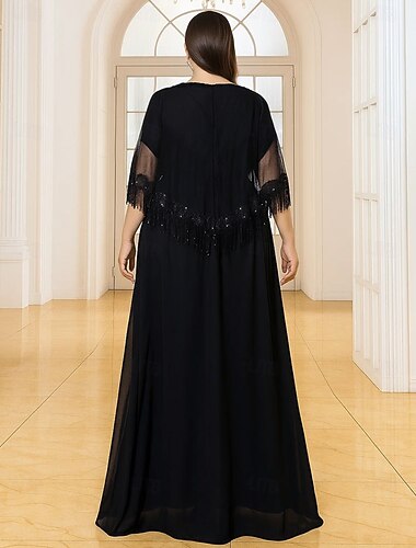  Ａライン フロア丈 フォーマルドレス イブニングガウン ハーフスリーブ Ｖネック エレガント ヴィンテージ プラスサイズ シフォン ポリエステル マダムドS 〜と ビーズ スパンコール