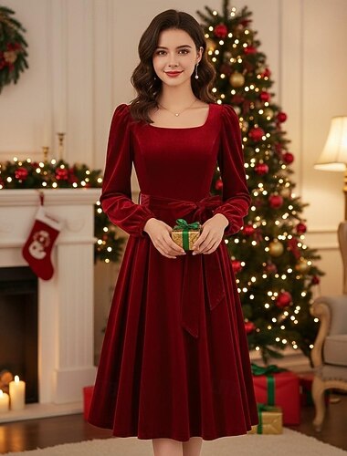  A-Linien-Kleid Swing-Kleid Ausgefallenes Weihnachtskleid Damen Retro Vintage 1950er Samt Muster Festkleidung Erwachsene Weihnachten Neujahr Retro-Mottoparty Abendkleidung Kleid