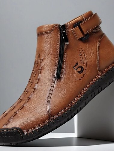 Botas masculinas de couro sintético marrom – design clássico com fecho de zíper, perfeitas para uso casual elegante e uso diário   Botas masculinas de couro sintético marrom – design clássico com fecho de zíper, perfeitas para uso casual elegante e uso diário