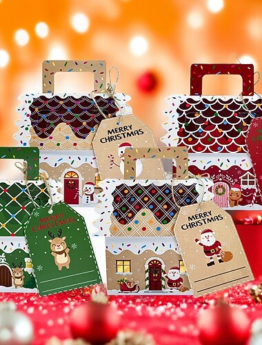  24 Stück Weihnachts-Leckerli-Boxen, Süßigkeiten-Lebkuchenhaus, Mini-Weihnachtsparty-Geschenkbox, kleiner Geschenkbehälter aus Pappe für Weihnachtsfeiertagsparty-Leckerli, Kekse, Leckereien, Snacks,