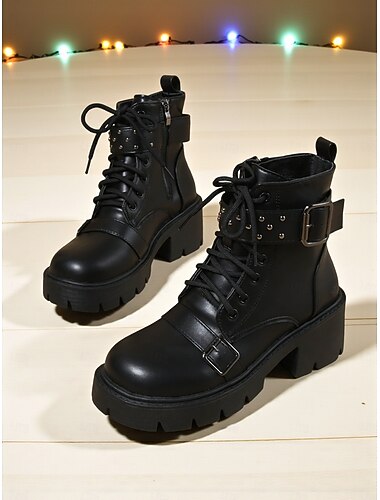  Bruna platåstövlar med remmar i konstläder, K-pop idol-skor med grov klack och snörning för dansshower &streetwear-mode