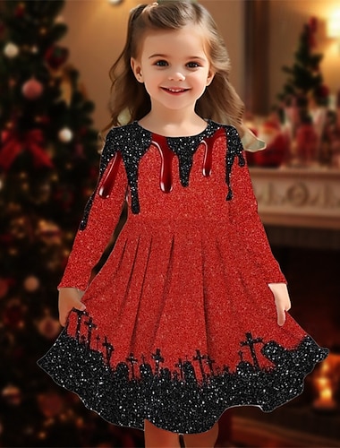  Karácsony Girls ' 3D Grafika Ruha Hosszú ujj Nyár Tavasz Vakáció Napi Szabadság Hercegnő gyönyörű Édes Gyerekek 4-12 év hétköznapi ruha A vonalú ruha Térdig érő Normál