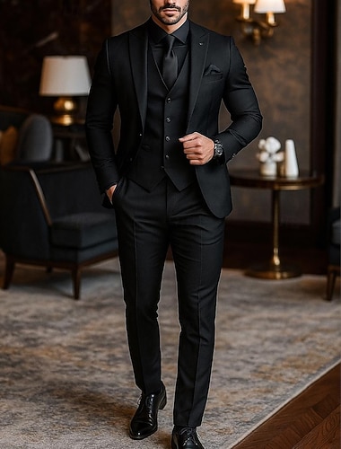  Мужской Повседневные Полуформальный Деловые костюмы Лацкан с острым углом Черный Бордовый Повседневные Деловые Однотонный Узкий крой Набор из 3 предметов Однобортный с 2 пуговицами