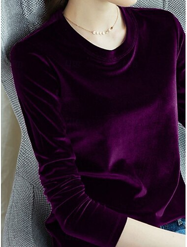  Blusa de Veludo para Mulheres no Natal Cor Sólida Elegante Estilosa Básica Mangas Longas Gola Alta Tops Regulares Diário Franzido Preto Azul Verde Esmeralda Roxo Fúcsia Primavera Outono Inverno