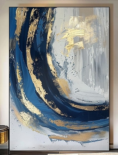  handgefertigtes Ölgemälde auf Leinwand, Wandkunst, Dekoration, abstrakt, goldblau, für Zuhause, Wohnzimmer, Schlafzimmer, Dekor, gespannter Rahmen, hängendes Gemälde/gerolltes rahmenloses, ungedehntes