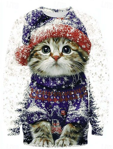  Dame Genser med genser Grafisk Dyr Katt Aktiv søt stil Fritid Langermet Crew-hals Vanlige topper Gate Avslappet Ferie Trykt mønster Blå Rød Grønn Vår Høst Vinter