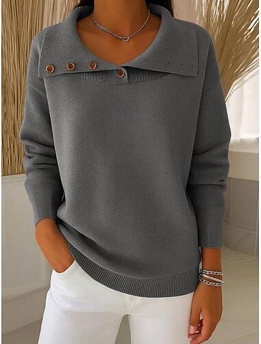  Dame Genser Elegant Mote Skjortekrage Knapper Langermet Vanlige topper Strikke Daglig Blå Beige Vår Høst