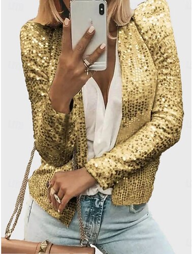  نسائي جاكيت كاجوال مريح متنفس ترتر الأمام مفتوح كاجوال سهل عطلة مناسب للحفلات شارع مناسب للبس اليومي الأمام مفتوح قصيرة نوع من غير طوق نحيل كم طويل ملابس خارجية فضي أسود شامبانيا الربيع الخريف