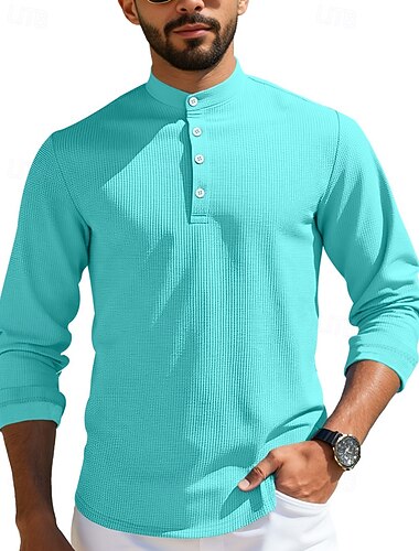 Herren Waffelhemd T Shirt Henley Hemd T-Shirt Langarm Henley Frühling Herbst Einfach Mode Designer Basic Knöpfe Urlaub Straße Ausgehen Schwarz Weiß Grün Top T-Shirt für Herren   Herren Waffelhemd T Shirt Henley Hemd T-Shirt Langarm Henley Frühling Herbst Einfach Mode Designer Basic Knöpfe Urlaub Straße Ausgehen Schwarz Weiß Grün Top T-Shirt für Herren