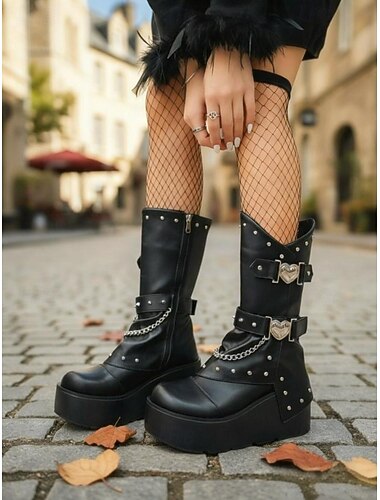  női gótikus platform félmagas borjúcsizma punk rock szegecsláncos fekete-fehér cipő halloweeni partira, cosplay jelmezbe, éjszakai klub utcai viseletre és gótikus divatba