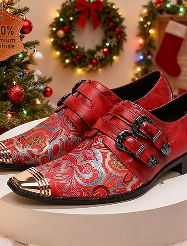  Herresko i rød ekte skinn med munkestropper, paisley-trykk og metalltåhette, formelle festsko i 100 % kuskinn for scene- og kveldsmote