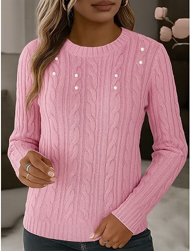  Жен. Вязаная ткань Пуловер Элегантный стиль Симпатичные Стиль На каждый день Вырез под горло Бусины Длинный рукав Обычные топы Вязать Повседневные Свидание выходные Черный Белый Осень Зима