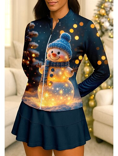  Noël Femmes Bonhomme de neige Impression 3D T-shirt de sport Chemise de tennis Haut de tennis manche longue Fermeture éclair Floral UPF50+ Résistant aux UV Haute élasticité Évacuation de l'Humidit