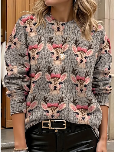  Γυναικεία Πουλόβερ Καθημερινά Καθημερινό Γραφική Χριστούγεννα ταράνδων Κοτλέ Στρογγυλή Ψηλή Λαιμόκοψη Πλεκτό Στάμπα Μακρυμάνικο Κανονικά μπλουζάκια Πλέκω Χριστούγεννα ΕΞΩΤΕΡΙΚΟΥ ΧΩΡΟΥ Σαββατοκύριακο