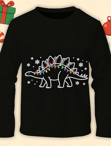  Weihnachten Jungen 3D Grafik Dinosaurier T-Shirt Langarm Frühling Herbst Mode Basic Kinder 4-12 Jahre Rundhalsausschnitt Outdoor Lässig Täglich Normale Passform