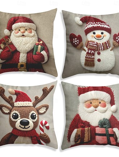  Juleputetrekk søte tegneseriefigurer imitert broderi i lin pynteputetrekk dekorative putetrekk til sofa feriehjemdekorasjon sett