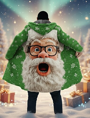  Jul Herre julenissen Vinterfrakk Fleece-jakke Frakk Hold Varm Bekvem Fritid Feriereise Dagligdagstøy Festival Glidelås Lomme 3D-utskrift Høst Vinter Med hette Langermet Rød Blå Grønn