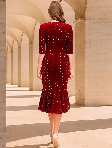  Harang fazon Aszimmetrikus Midi Party ruha Koktélruha Hosszú ujj V-alakú Elegáns Szüret Buli Poliészter Örömanya ruha val vel Rakott Gyöngydíszítés