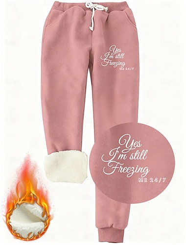  Női Melegítőnadrágok Polár nadrág Divat Alkalmi Teljes hossz Magas derék Szöveg Zsinór Zseb Nyomtatott Melegen tartani Szélbiztos kellemes Nyúlós Vakáció Utca Hétköznapi Fekete Arcpír rózsaszín