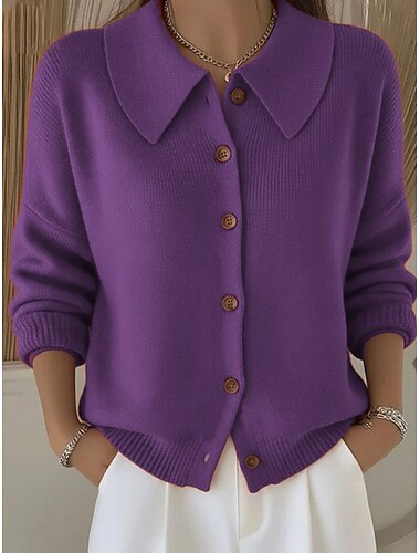  Dame Genser Fritid Helfarge Skjortekrage Knapper Langermet Vanlige topper Strikke Hjem Daglig Ferie Svart Hvit Høst Vinter