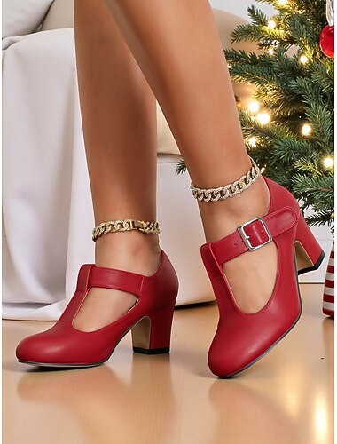  Damskie czerwone czółenka na obcasie z paskiem w kształcie litery T i klamrą, klasyczny i elegancki styl, idealne na przyjęcia świąteczne, imprezy świąteczne i oficjalne okazje