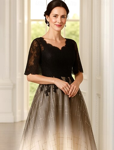  A-linja Polven yli Juhlamekko Coctail-asu Leveähelmainen mekko Puolihiha Tiukka pyöreä kaula-aukko Tyylikäs Vintage Juhla Polyesteri Morsiammen äidin asu kanssa Paljeteilla Väriblokki