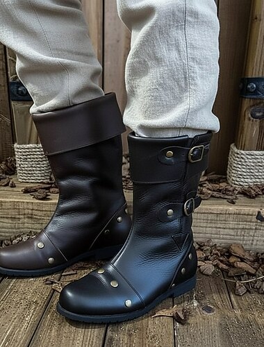  中世 ルネッサンス シューズ 膝丈ブーツ フラットジャズブーツ 仮装 男性用 セルティック 海賊 ハロウィーン マスカレード 性能 LARP レンフェア 成人 シューズ